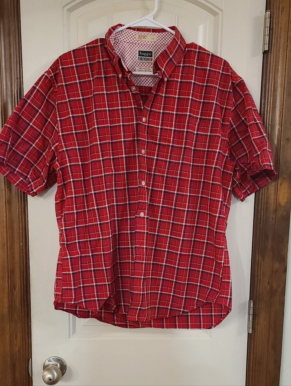 Haggar Forever New Red Plaid Short Sleeve Button-Down Shirt